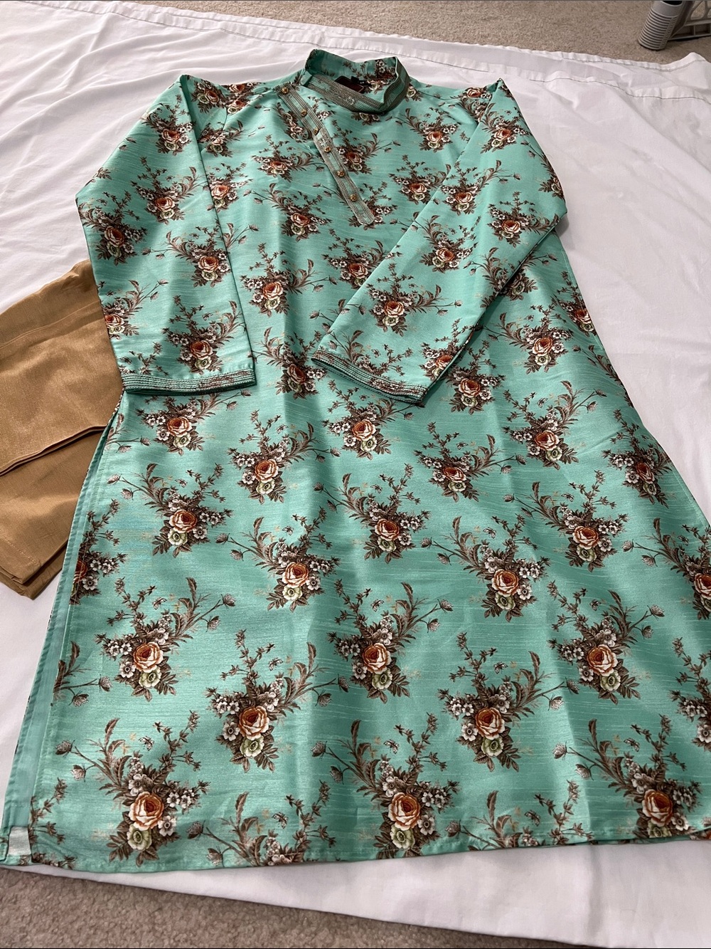 Floral Mint Green Men Kurta with gold pants